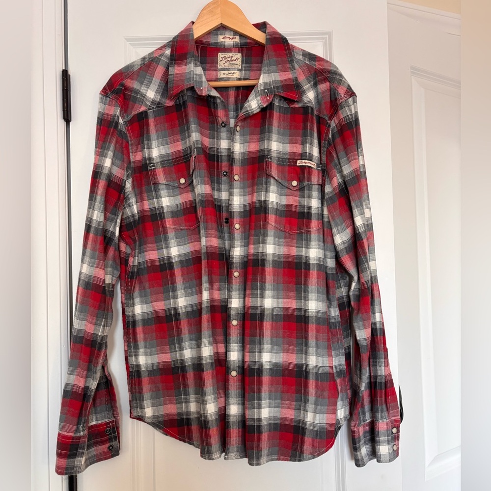 Lucky Brand Western Red Plaid Pearl Snap Button Long Sleeve Shirt Extra Large
